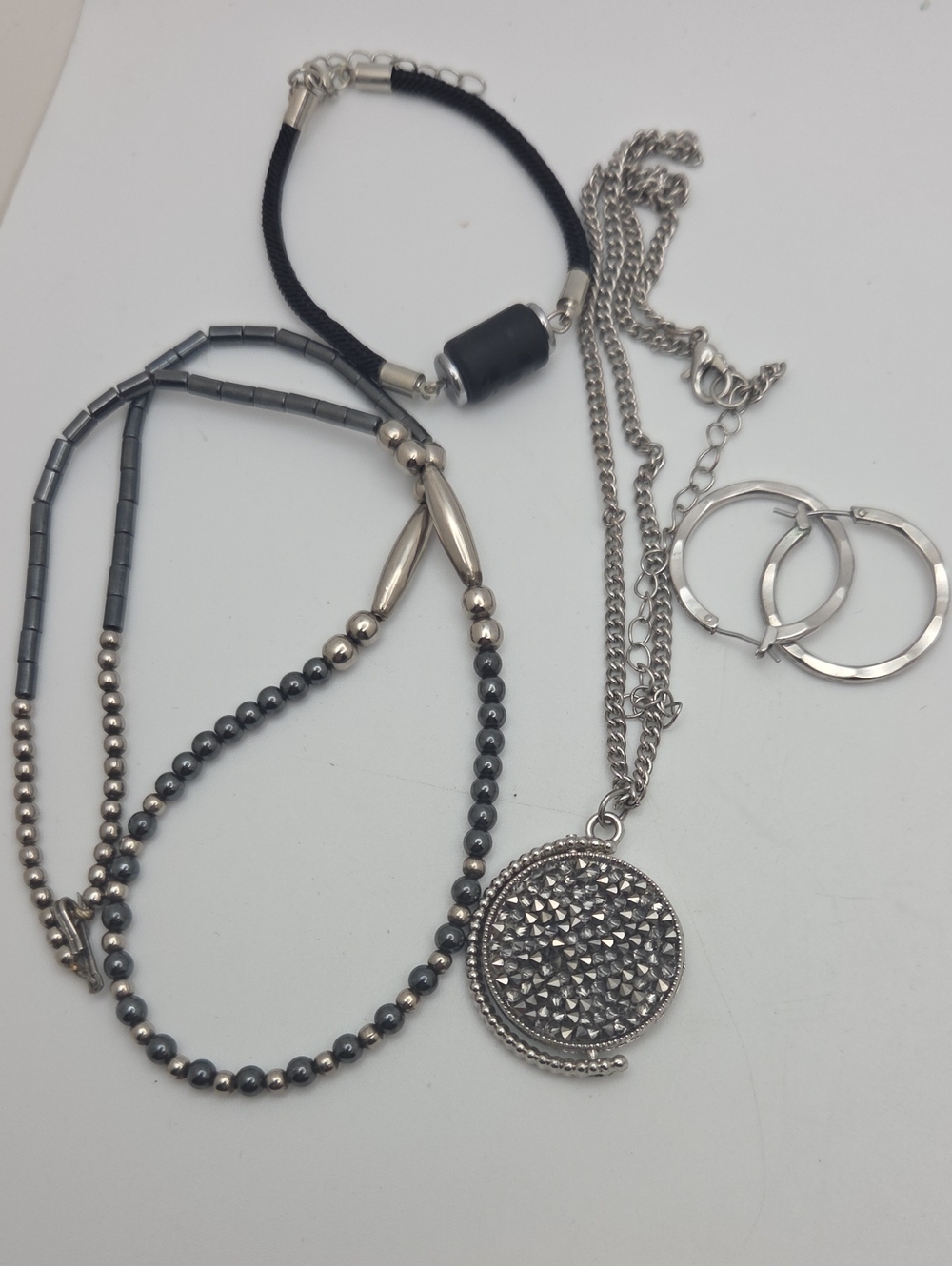 Fashion Jewelry Lot Gunmetal and Silver Layered Necklace Set Textured Pendant